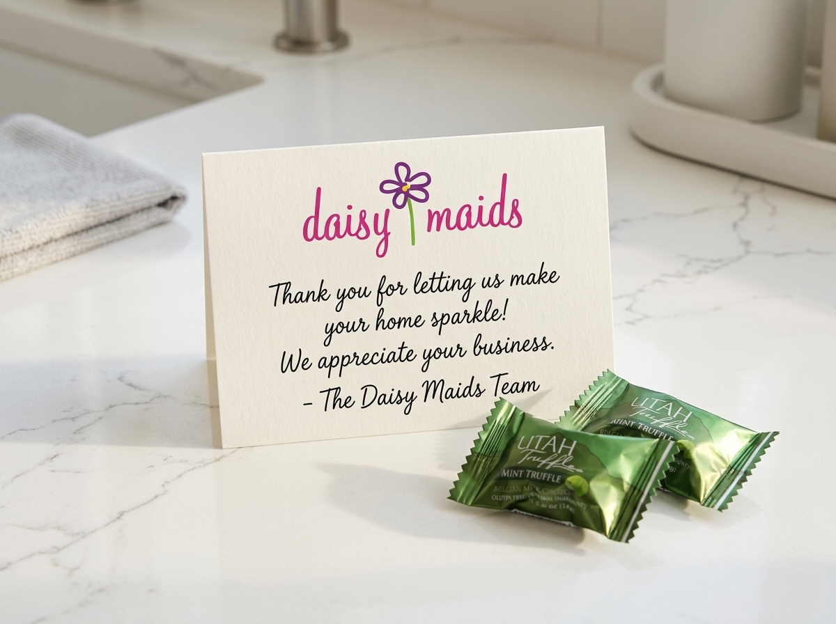 daisy maids thank you card with utah truffles left on a kitchen counter